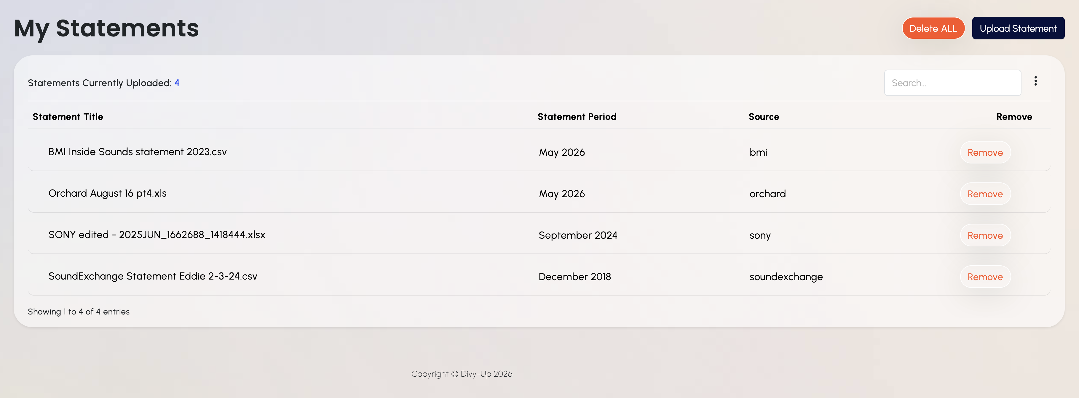Uploaded statements list