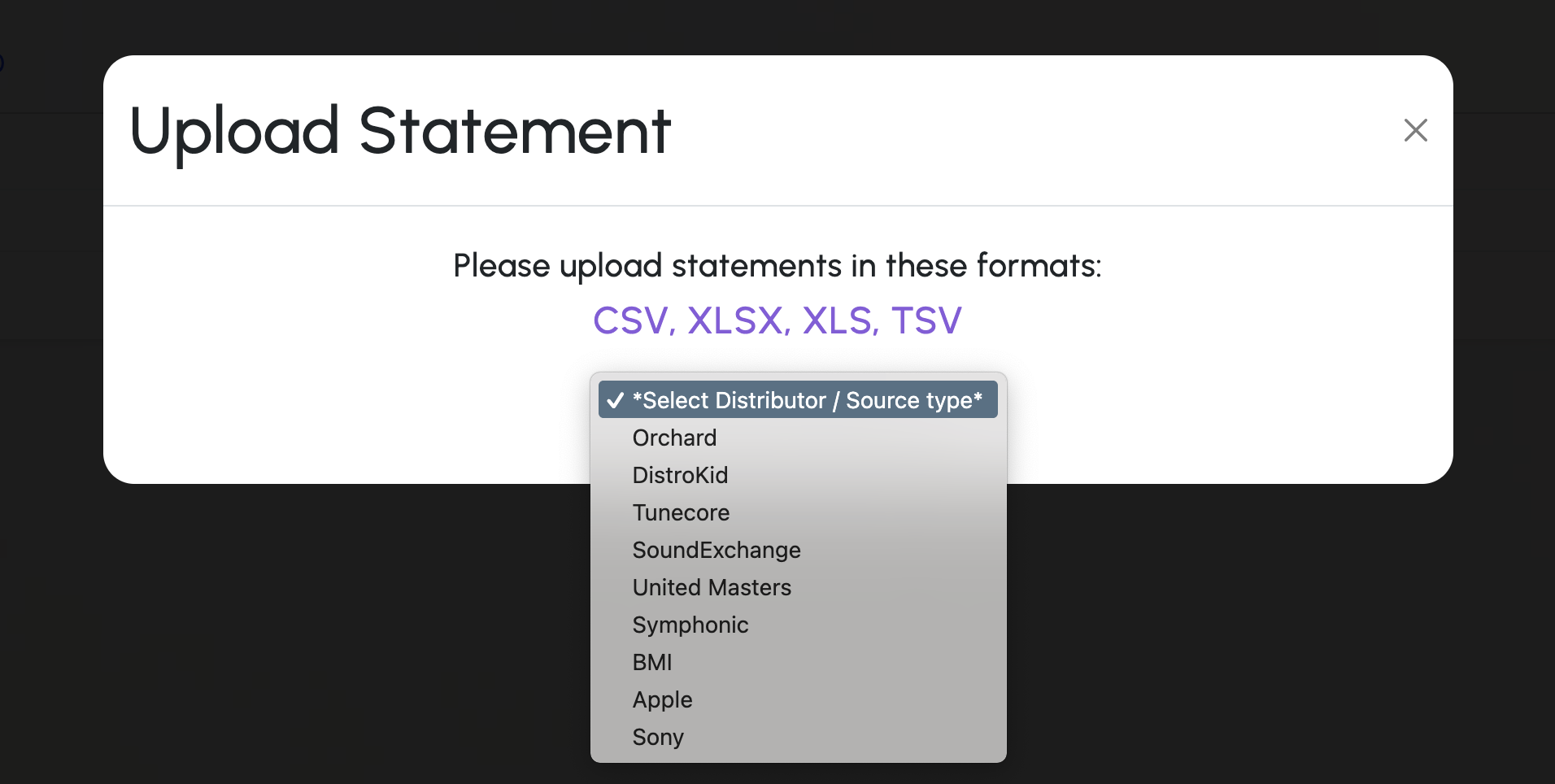 Upload statement source selector